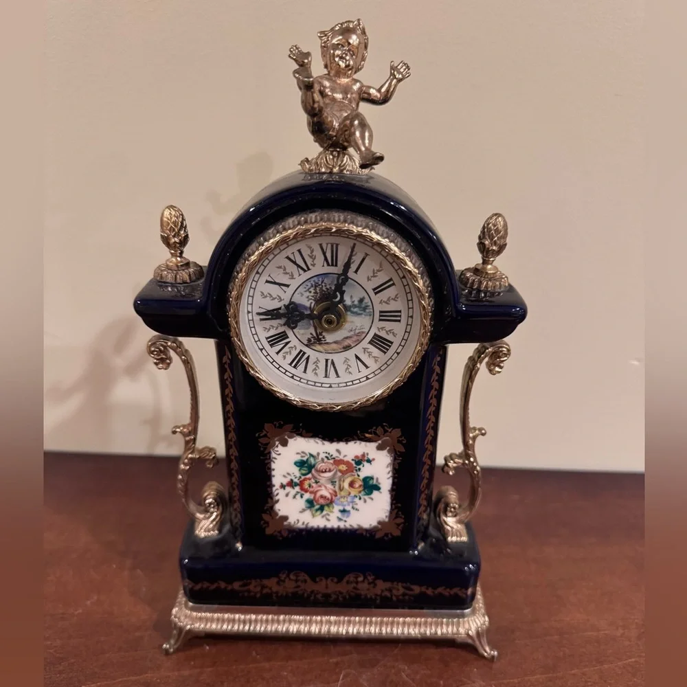 A Vintage French Cobalt Blue Porcelain Mantel Clock
